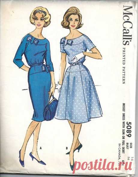 1950s Misses Dress Drop Waist Pencil Or Flared Skirt Scooped Neckline Bow Trim…