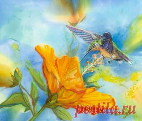 Hummer and Hibiscus Please note that this painting can only be purchased through the Cowgirl Up Show at the Western Museum For further information, contact the Western Museum or Cawdrey Gallery. Dye on Silk 9" x 10.5" 12.5" x 14" (framed)