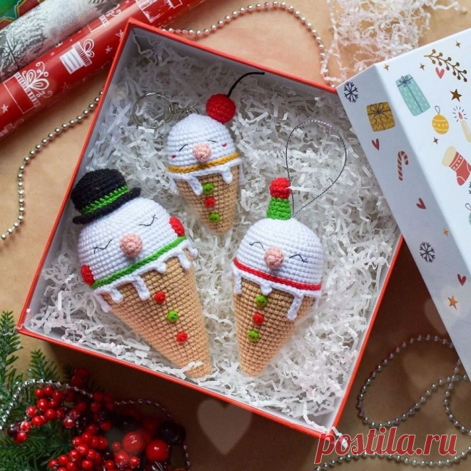 Мороженки снеговички крючком | Амигуруми