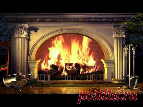 Очень красивый камин: огонь, звуки потрескивания костра.