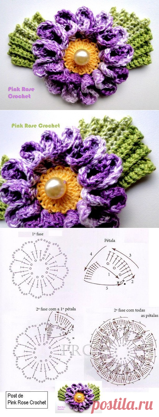 Цветок крючком, схема для вязания / Цветы из ткани своими руками и вязанные крючком. Заколки для волос / Ёжка - стихи, загадки, творчество и уроки рисования для детей