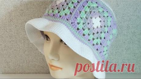 МК Панама Бабушкин квадрат Панама из остатков пряжи крючком мастер класс по вязанию