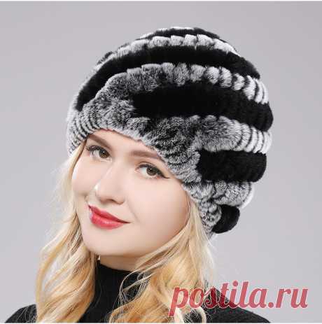 Женская зимняя теплая шапка Настоящий мех кролика, зимняя шапка для женщин, женская вязаная шапка из натурального меха | Аксессуары для одежды | АлиЭкспресс