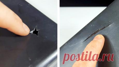 Оригинальный способ починить сломанный пластик Ремонт сквозной пробоины в пластике На перфорацию с лицевой стороны помещаем кусок клейкой алюминиевой фольги, а с тыльной стороны дефект заливаем жидким пластиком, расплавляя часть пластикового хомута. При необходимости прогреваем и разравниваем пластик лезвием канцелярского ножа. Ремонт трещины