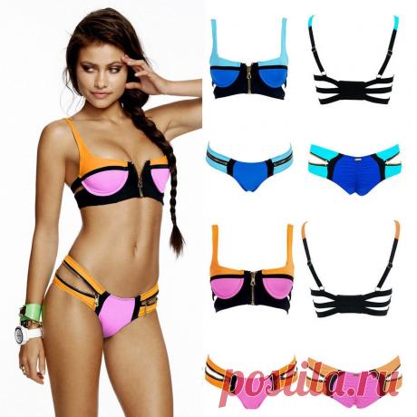 Бандажный женский раздельный купальник неоновый с молниями и пуш-ап эффектом (в наличии розово-оранжевый SМ) - Купальники / СЮРПРАЙЗ