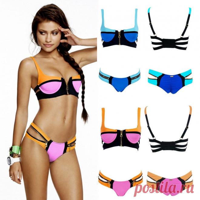 Бандажный женский раздельный купальник неоновый с молниями и пуш-ап эффектом (в наличии розово-оранжевый SМ) - Купальники / СЮРПРАЙЗ