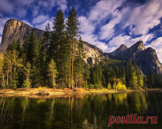 Картинки деревья, горы, природа, река, утро, калифорния, йосемити, california, yosemite national park - обои 1280x1024, картинка №354525