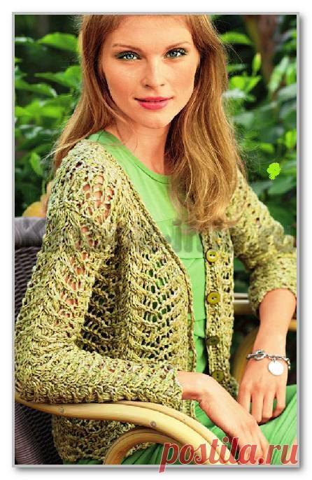 Вязание спицами. Женские модели. Меланжевый короткий ажурный жакет с длинными рукавами. Размеры: 36/38 (46/48)