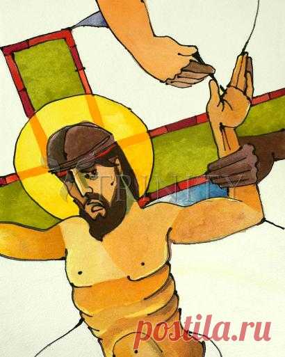 Stations of the Cross - 11 Jesus is Nailed to the Cross Huge nails are hammered through his hands and feet to fix him on the cross. He is bleeding much more seriously now. As the cross is lifted up, the weight of his life hangs on those nails. Every time he struggles to pull himself up to breathe, his ability to cling to life slips away.
