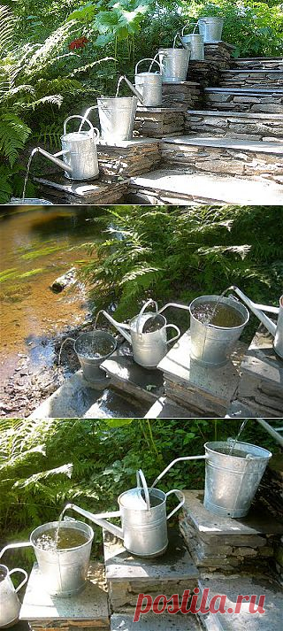 Pilgrim and Pie in France.: Water feature with watering cans !