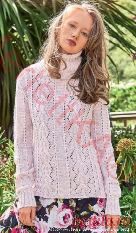 Пуловер из ажурных кос с высоким воротником гольф в нежно розовом цвете / Всё из мира рукоделия (изучаю и делюсь различными техниками и видами рукоделия)
