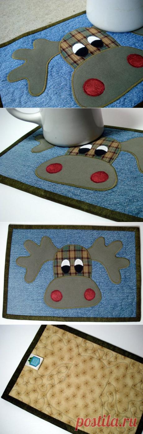 Moose Head Recycled Denim Mug Rug от BackPocketDesign на Etsy