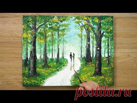 Пара гуляет в лесу / Техника рисования ватными палочками # 429