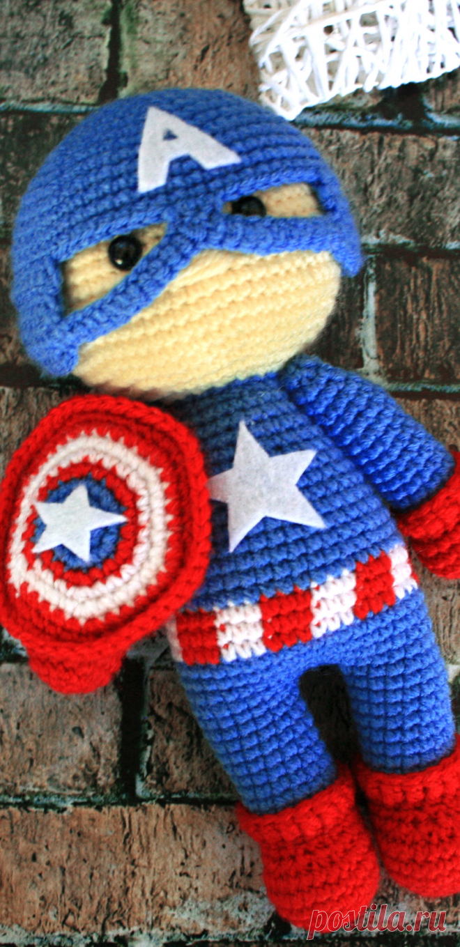 PDF Капитан Америка крючком. FREE crochet pattern; Аmigurumi doll patterns. Амигуруми схемы и описания на русском. Вязаные игрушки и поделки своими руками #amimore - Капитан Америка, супергерой, комиксы, Марвел.