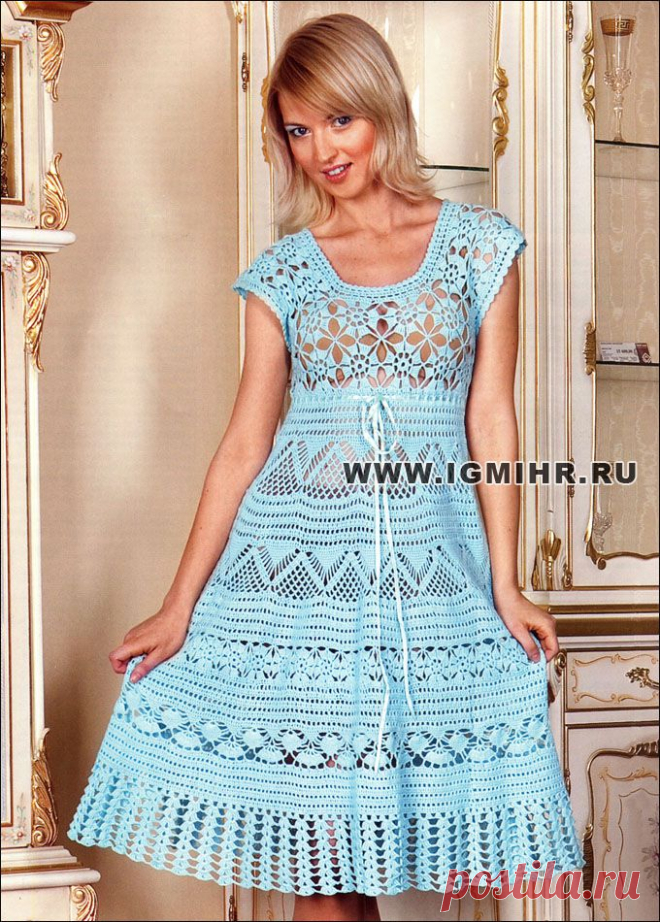 Готовимся к лету! Романтичное ажурное платье бирюзового цвета. Крючок.