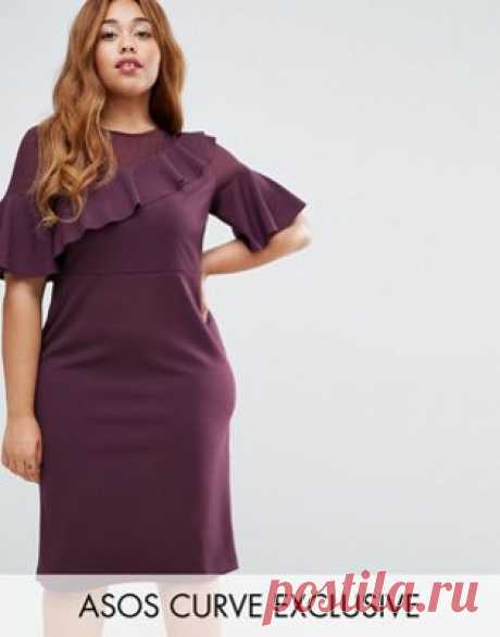 ASOS CURVE Wiggle Dress With Woven Sheer Panel And Frill Detail at asos.com Discover Fashion Online