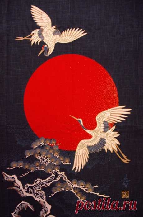 Arte japonesa com o tema do Grou-da-coroa-vermelha.