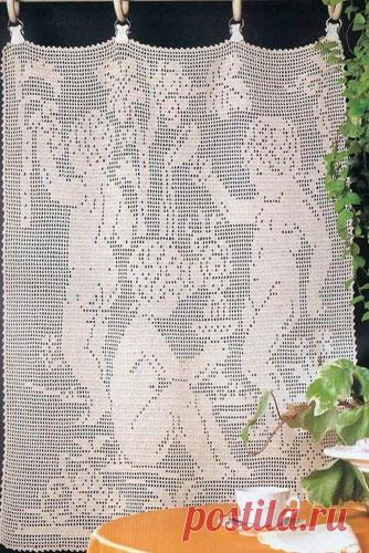 Филейная занавеска крючком «Дети у воды» Схема вязания филейной занавески крючком «Дети у воды»