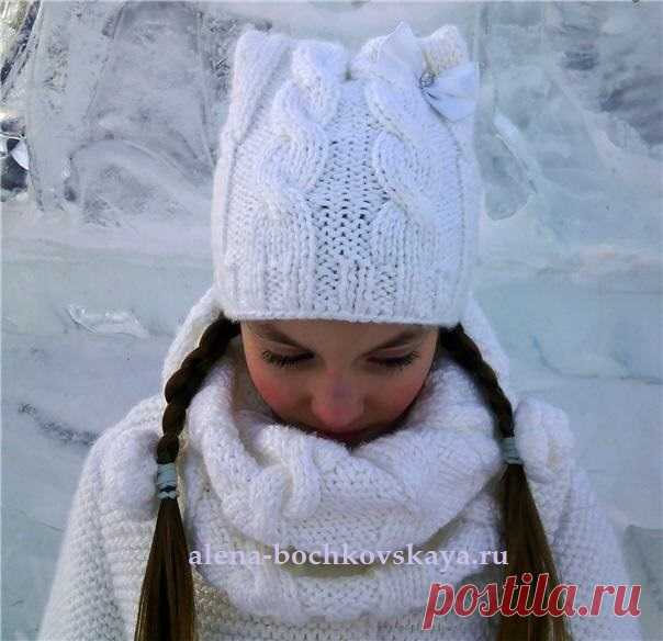 Комплект шапочка косами с ушками и снуд спицами «Волшебная снежинка»!. | Творческие УЗОРЫ