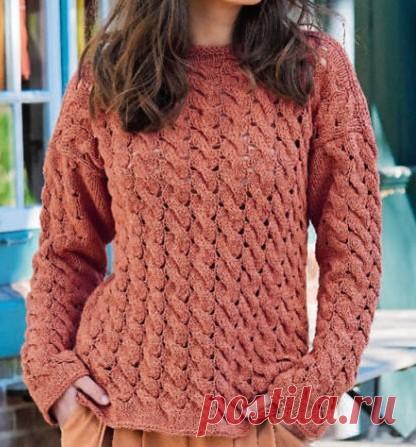 Пуловер с узором из кос, описание