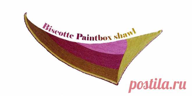 Вязаная треугольная шаль Biscotte Paintbox Вязаная спицами треугольная шаль с цветными асимметричными секциями. Треугольная шаль c яркими асимметричными секциями не даст вам заскучать во время вязания.  Каждая секция выполнена в разном направлении из пряжи разных оттенков.