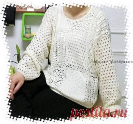 Пуловер пэчворк Пуловер пэчворк крючком. Белый женский пуловер рукав летучая мишь 2019