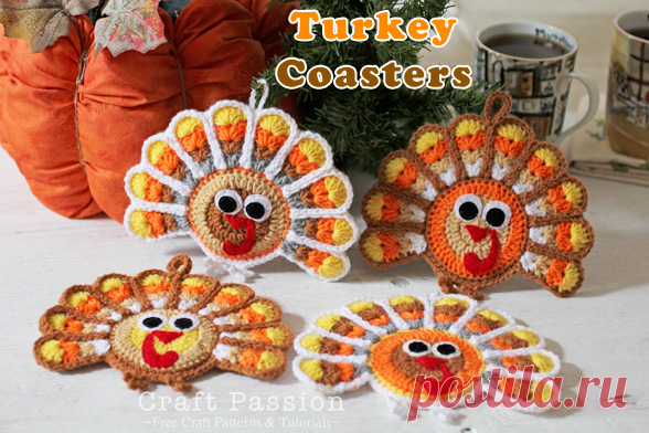 Turkey Coasters - Free Crochet Pattern | Craft Passion – Page 2 of 2 Here is the free Turkey Coasters Crochet Pattern, besides use as coasters, hang them up as ornaments and decorations. Perfect for Thanks Giving. – Page 2 of 2
