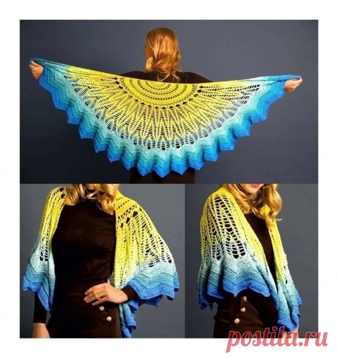 Полукруглая ажурная шаль с зигзагообразной каймой. Крючком. Схемы. / knittingideas.ru