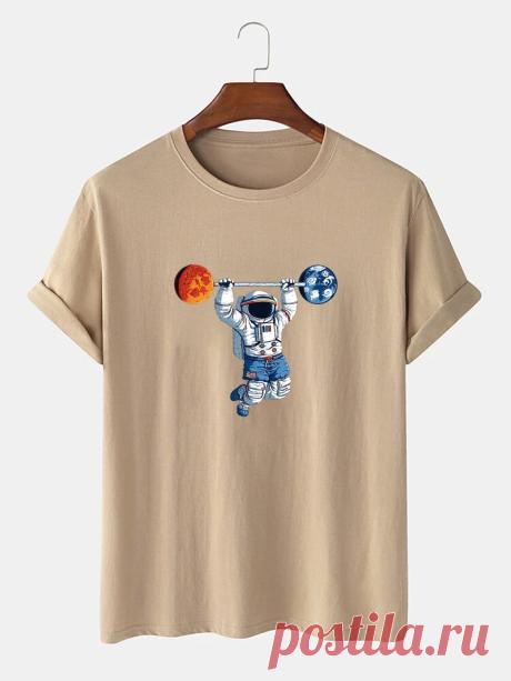 100% Cotton Mens Astronaut Print Round Neck Short Sleeve Funny T-Shirts - US$12.99