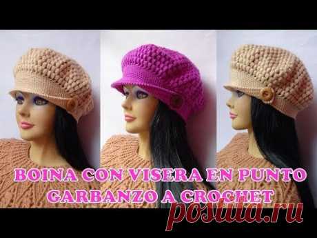 Boina a crochet con visera punto garbanzo para diferentes edades paso a paso