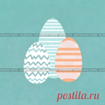 Three Easter eggs with stripes and zigzag chevron pattern on blue turquoise background. The eggs are arranged in a triangle shape. AI generative art. Стоковое AI-изображение, AI-художник Ilaronsia / Фотобанк Лори