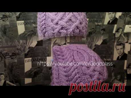Вязаная шапка с ушками. Вязание спицами. Шапка кошка с косой.  Knitting(Hobby)