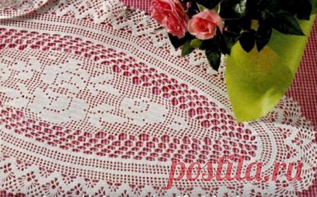 Овальная филейная салфетка с розами Шикарная овальная филейная салфетка с розами. Схема вязания крючком