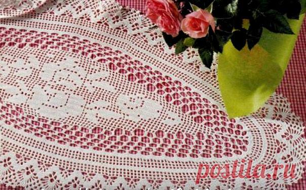 Овальная филейная салфетка с розами Шикарная овальная филейная салфетка с розами. Схема вязания крючком