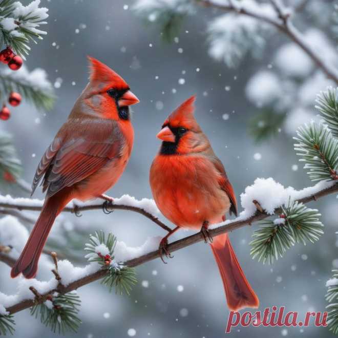 two red birds sitting on top of a tree branch