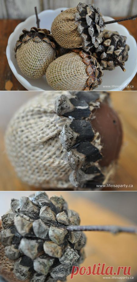 Желуди из шишек и мешковины для осеннего декора. Мастер-класс.