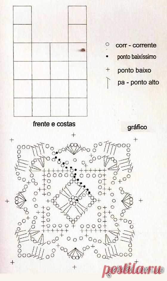 Простой, но красивый топ из квадратных мотивов. Схемы