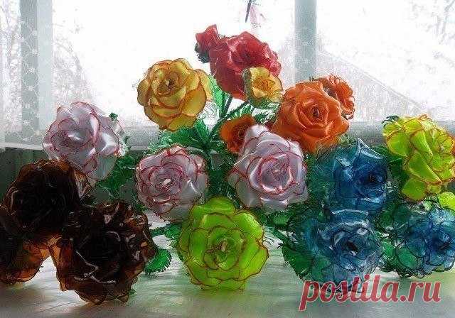 Розы из  поастиковой бутылки