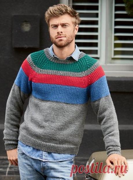 Мужской пуловер с полосатой кокеткой и рукавом Реглан - Портал рукоделия и моды