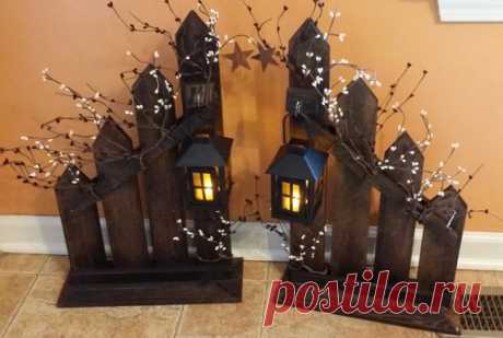 Primitive Decor, Rustic Home Decor, lantern, candle holder , Sold Individually or set, picket fence candle holder lantern,  country decor These cute primitive country Picket fences are made from rustic wood. A small lantern with a battery tea candle is included. A cute addition to your primitive decor. This fence has been stained Dark Walnut. You can choose your own stain options. It would look good on a Fireplace,