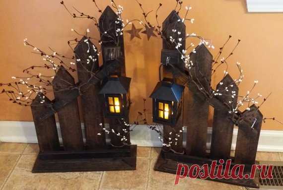 Primitive Decor, Rustic Home Decor, lantern, candle holder , Sold Individually or set, picket fence candle holder lantern,  country decor These cute primitive country Picket fences are made from rustic wood. A small lantern with a battery tea candle is included. A cute addition to your primitive decor. This fence has been stained Dark Walnut. You can choose your own stain options. It would look good on a Fireplace,