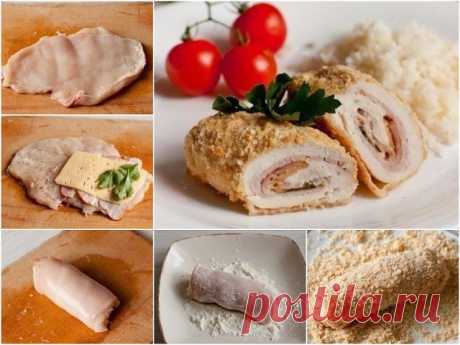 Куриная грудка "По Царски" 
Очень вкусное блюдо на праздничный стол. 

 Ингредиенты на 4 порции:
4 филе куриных грудок
4 тонких ломтика ветчины
4 тонких ломтика сыра
пара веточек петрушки
соль и перец по вкусу
100-120 г крекеров или панировочных сухарей
2 яйца
2 ст.л. муки

 Приготовление:

Кладем куриное филе на разделочную доску и отбиваем скалкой так, чтобы толщина куска была более-менее равномерной по всей площади.

Солим и перчим филе. Кладем ветчину, сыр и петрушку.
...