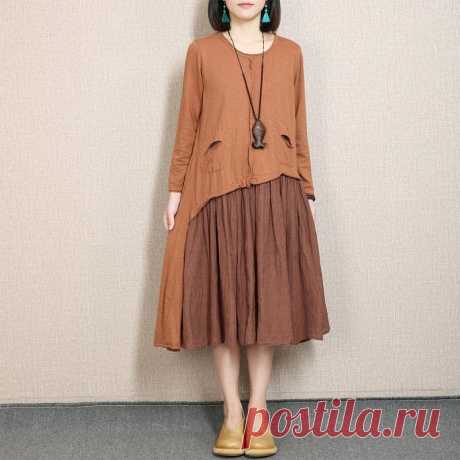 Linen Splicing Fold Round Neck Orange Dress – Buykud