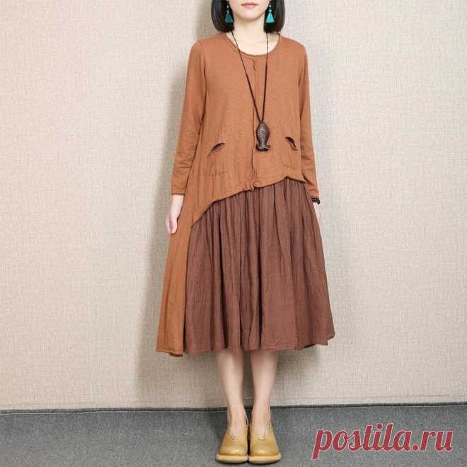 Linen Splicing Fold Round Neck Orange Dress – Buykud