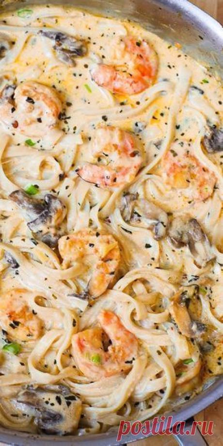 Creamy Shrimp Pasta with Mushrooms in alfredo sauce. #pasta #seafood