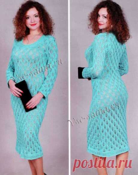 Голубое ажурное платье спицами