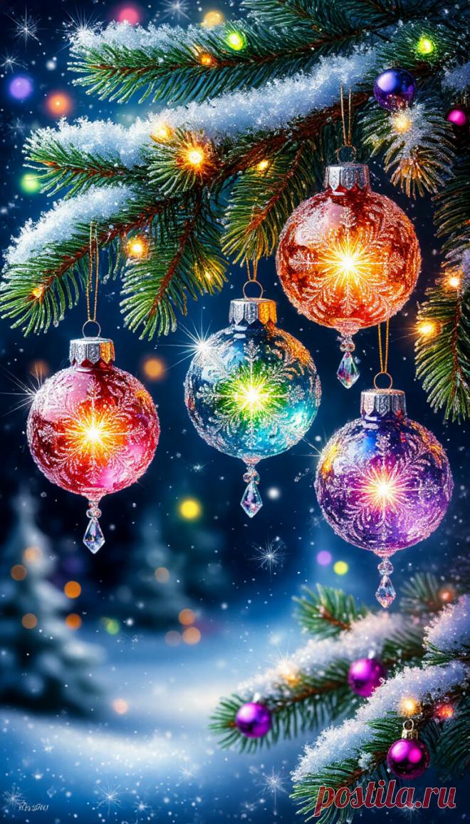 аэрография , на ёлочной ветке красивые матовые разноцветные хрустальные  маленькие  фонарики,и искрящиеся ёлочные шары, сверкающая разными огнями  гирлянда✨снег,красота ,
шедевр,сияние,блеск,
пуантилизм
