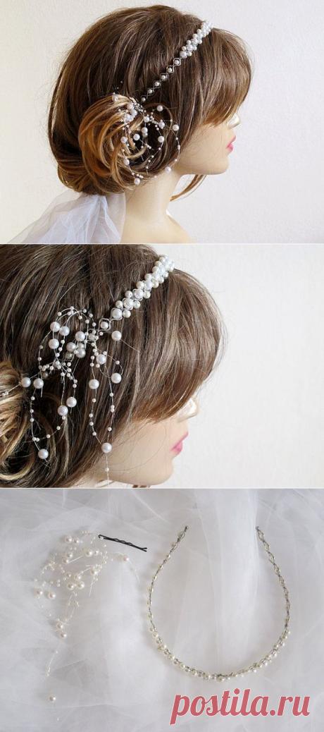 Wedding bridal headband ivory Pearl hairband wedddings by selenayy