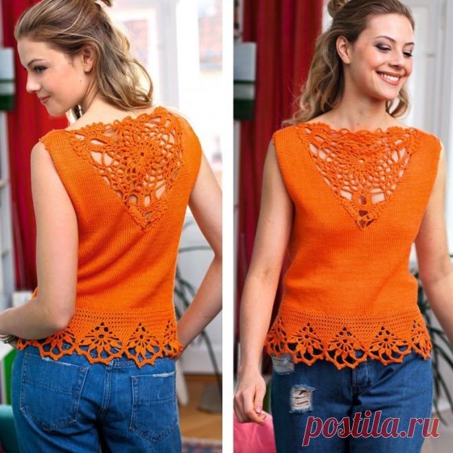 Летний топ с ажурными треугольными вставками. Схемы, выкройка (Вязание крючком) | Журнал Вдохновение Рукодельницы