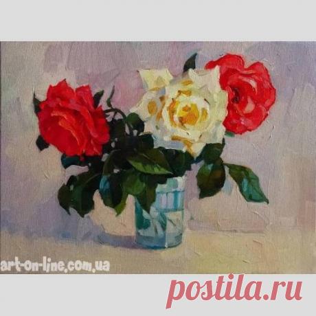 Картина Бабушкины розы - Натюрморт  - Ярошевич Анастасия (живопись) Картина Бабушкины розы -  Три пышные розы в стеклянном стакане. Цветы из бабушкиного сада.